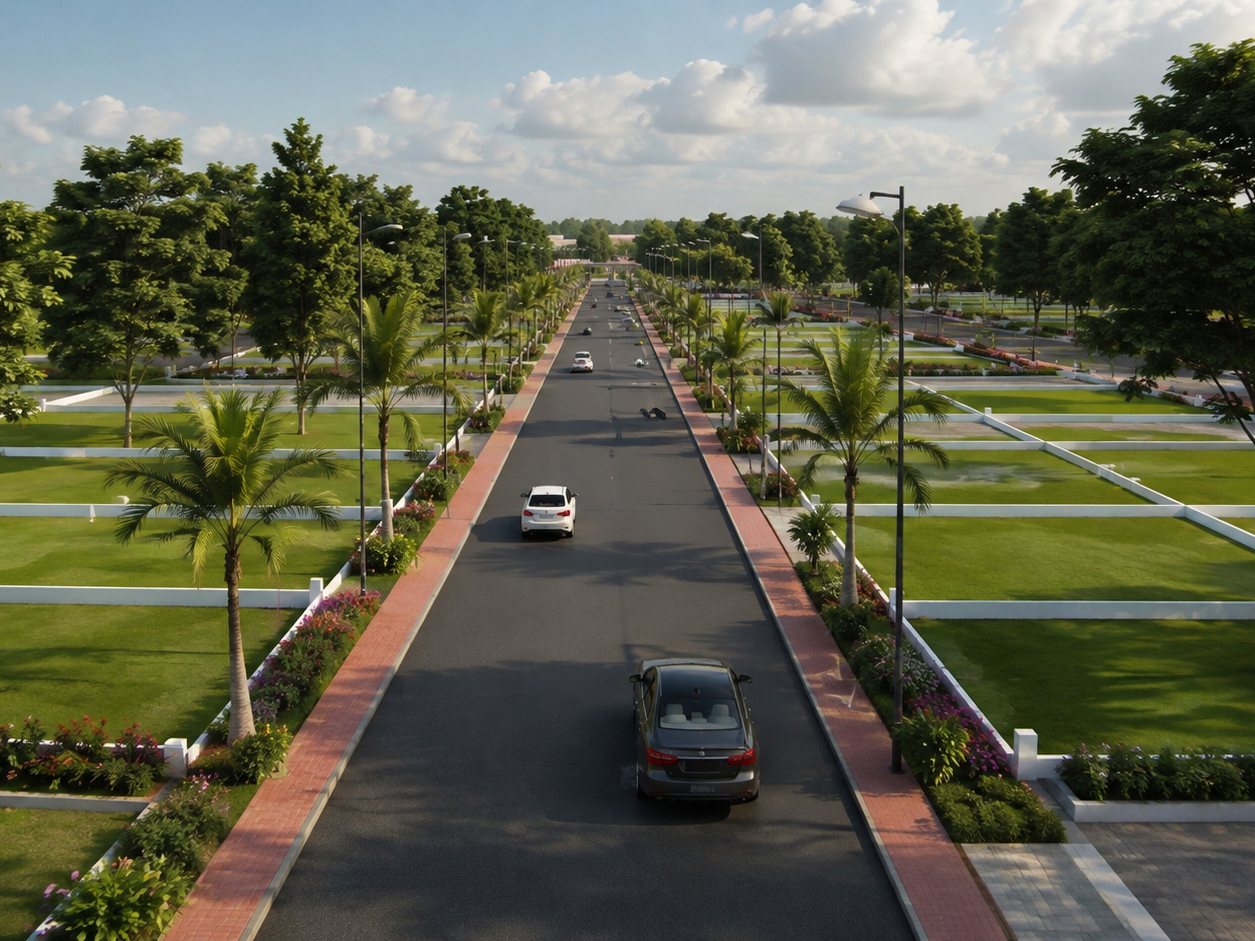 Illustrative street-level view of a landscaped project avenue with plots — conceptual render, not a photograph of a completed site